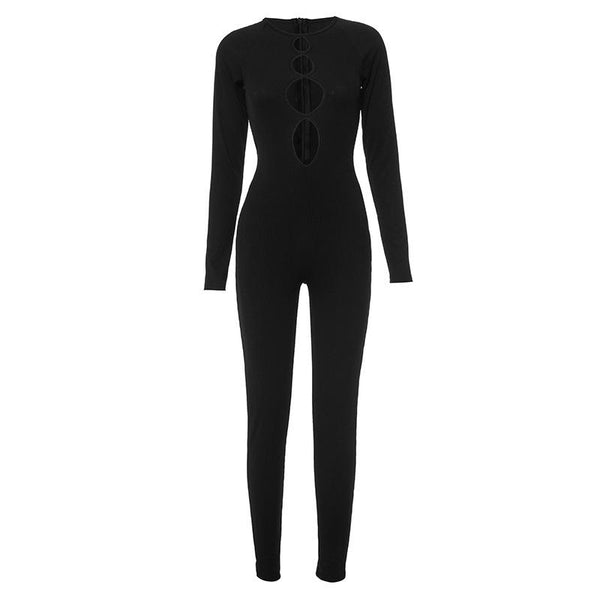 Long sleeve crewneck hollow out ribbed jumpsuit
