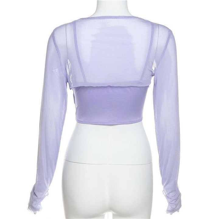 Long sleeve mesh see-through two piece set - Halibuy