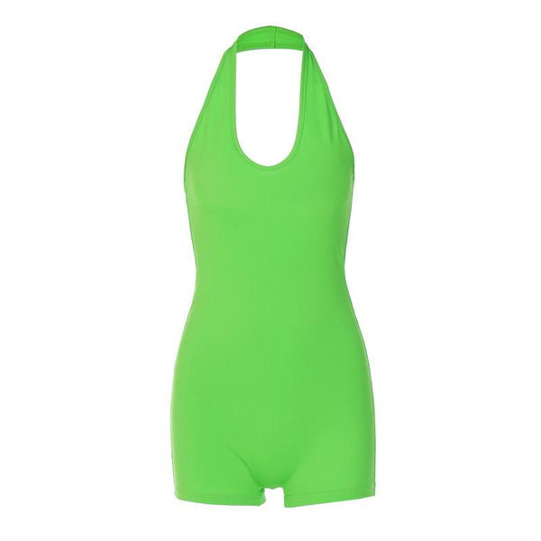 Halter u neck backless solid sleeveless romper