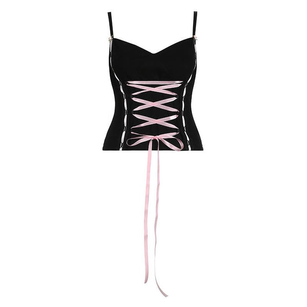 Lace up stitch ribbon sweetheart neck bustier cami top