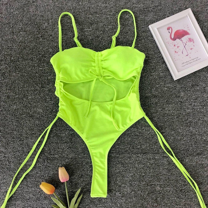 Hollow out drawstring one piece swimwear bikini - Halibuy