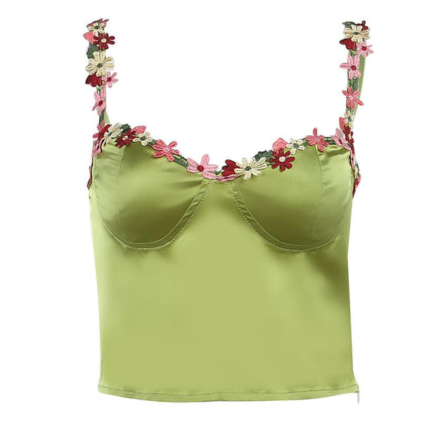 Sweetheart neck flower embroidery zip-up satin cami crop top y2k 90s Revival Techno Fashion