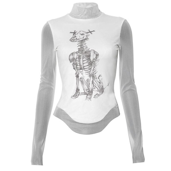 Long sleeve high neck skeleton dog print mesh top