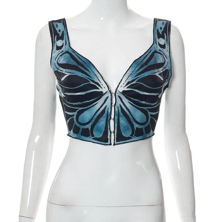 V neck butterfly print buttoned crop top - Halibuy