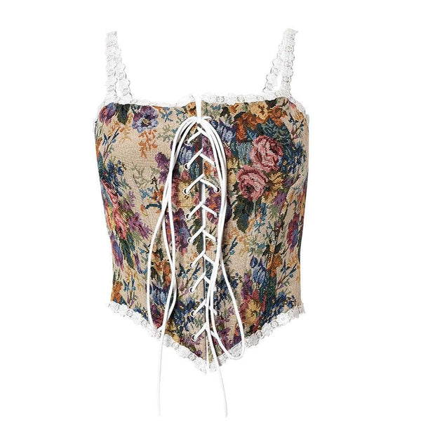 Floral embroidery lace up front bustier cami top fairycore Ethereal Fashion