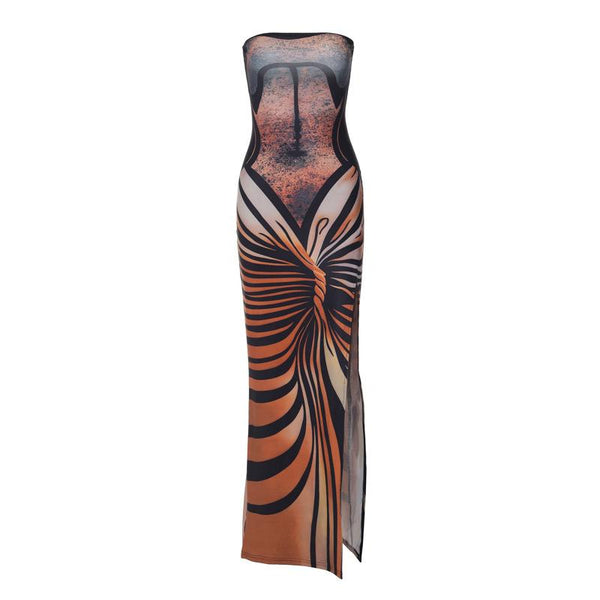 Lace up contrast print slit backless tube maxi dress