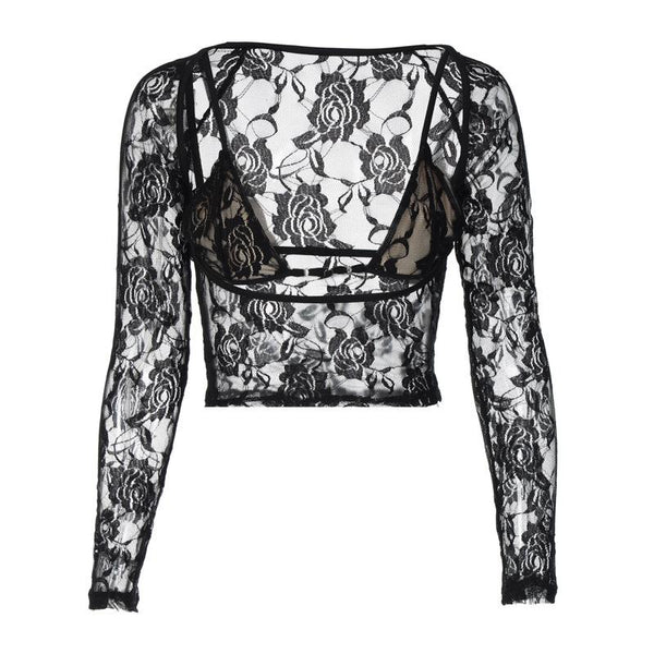 Long sleeve hollow out contrast lace 2 piece top