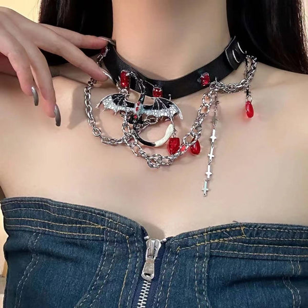 Collar gargantilla en capas de cuero PU con colgante de piedra de dragón 