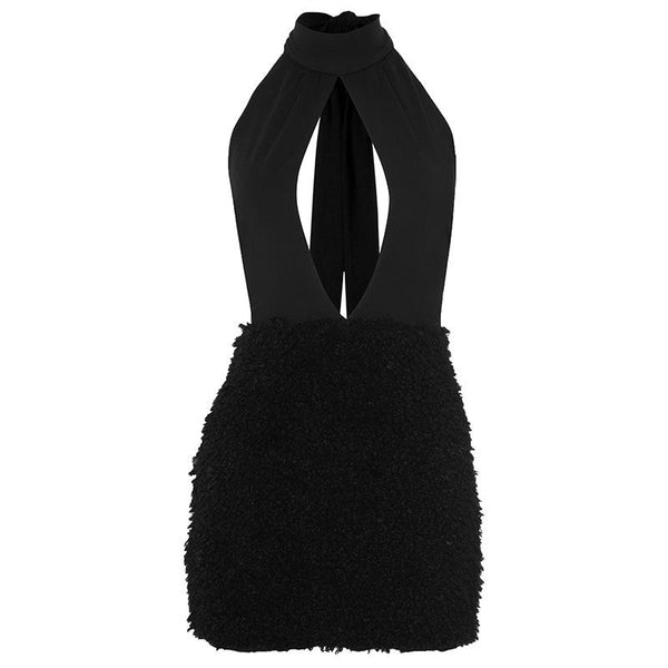 Halter hollow out fluffy ruched self tie mini dress