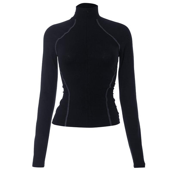 Long sleeve high neck stitch zip-up contrast top
