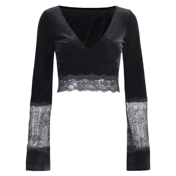 Lace patchwork v neck solid velvet long flared sleeve crop top