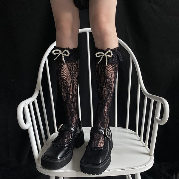 Sheer lace bowknot applique knee high socks
