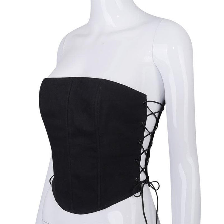 Lace up side solid bustier crop top - Halibuy