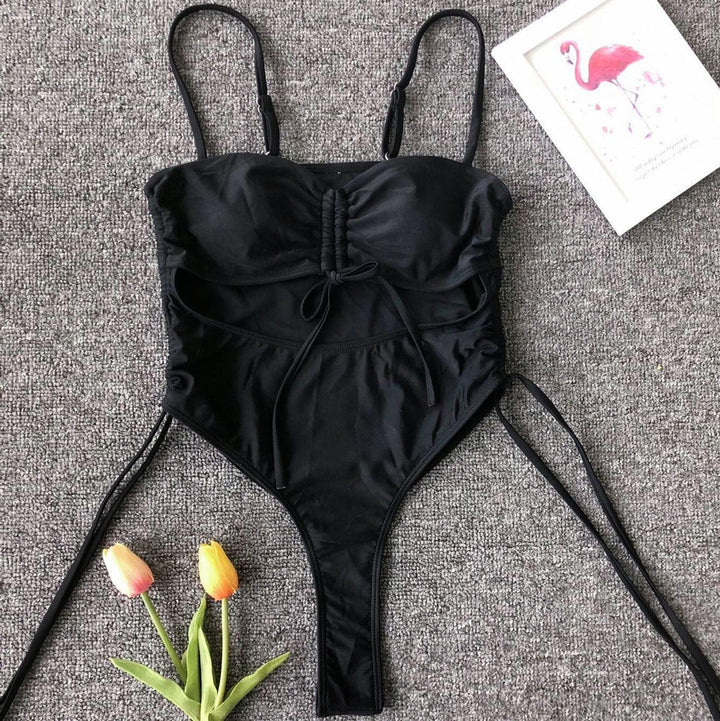 Hollow out drawstring one piece swimwear bikini - Halibuy