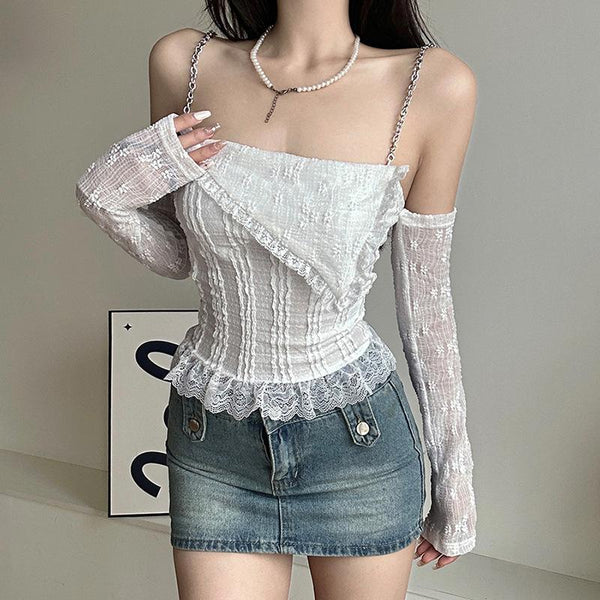 Textured solid long sleeve metal chain lace hem off shoulder top