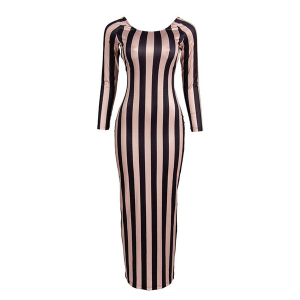 Striped print backless long sleeve contrast round neck maxi dress