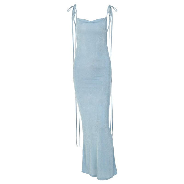 Cowl neck backless self tie solid ruched maxi dress