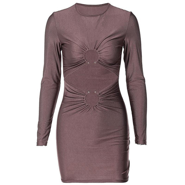 Long sleeve solid ruched o ring hollow out mini dress