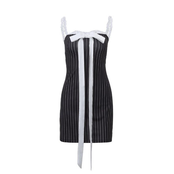 Backless lace hem bowknot striped contrast mini dress
