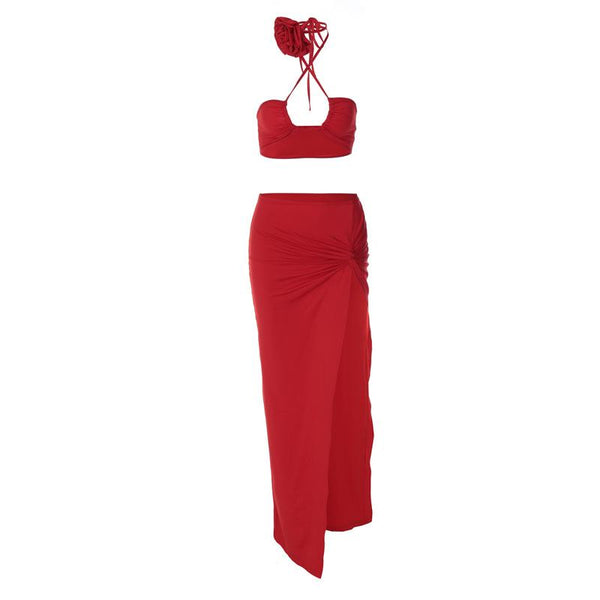 Cross front halter flower applique slit knotted maxi skirt set