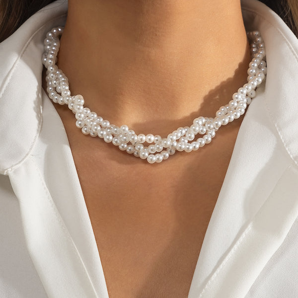 Knotted beaded pearl choker necklace
