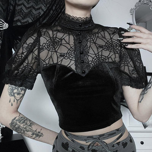 Top corto de terciopelo con cuello alto y manga corta con botones y patchwork de encaje, moda gótica Darkwave alternativa gótica Emo Darkwave Fashion 