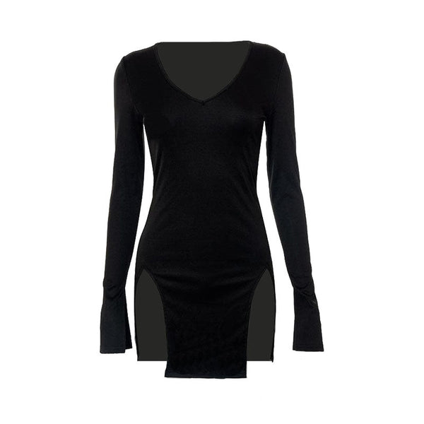 Long sleeve deep v neck slit solid mini dress