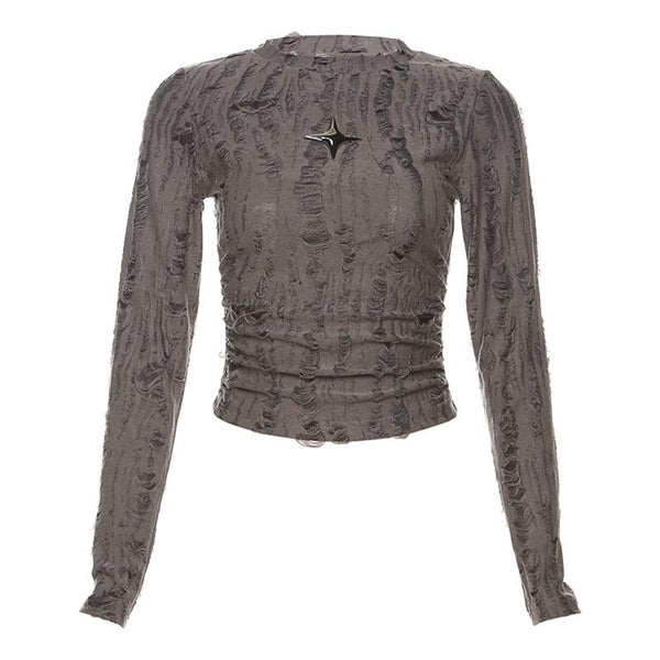 Ruched long sleeve textured star applique crewneck crop top