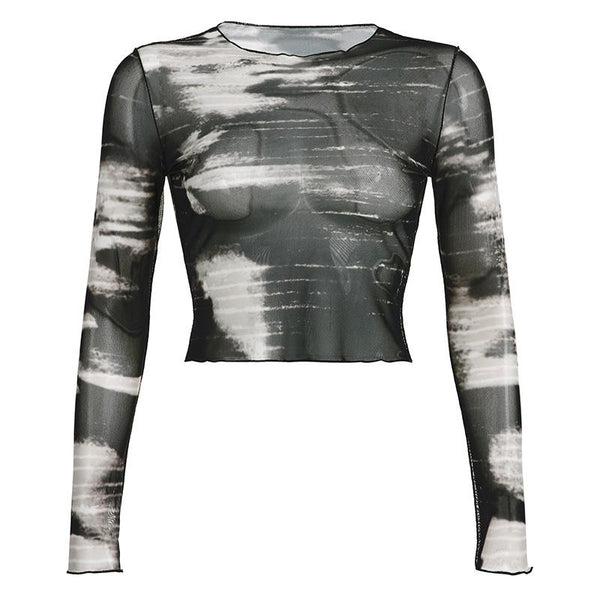 Sheer mesh see through ruffle long sleeve tie dye crop top y2k 90s Revival Techno Fashion