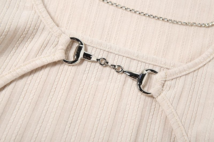 Long sleeve round neck metal chain buckle top - Halibuy