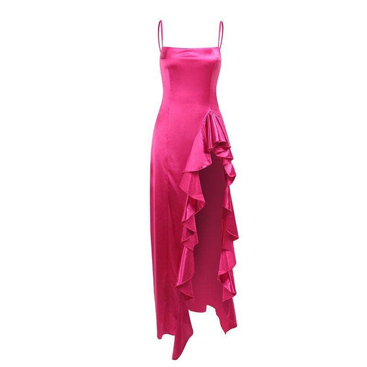 Square neck high slit ruffled satin maxi dress - Halibuy