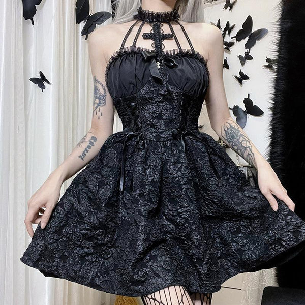 Textured cross applique ruffle halter zip-up lace up mini dress goth Alternative Darkwave Fashion victorian goth fashion goth Emo Darkwave Fashion