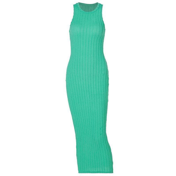 Crewneck knitted solid sleeveless dress - Halibuy