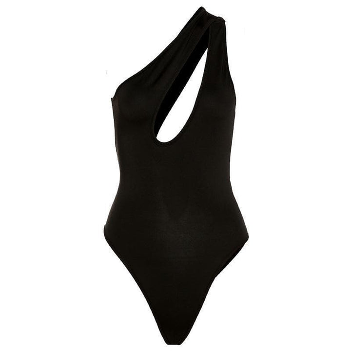 Solid One shoulder Hollow Out Bodysuit - Halibuy