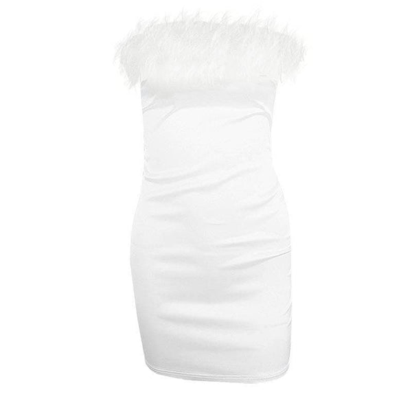 Feather off shoulder solid backless tube dress