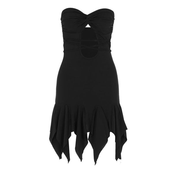 Hollow out ruffle solid knotted self tie irregular tube mini dress