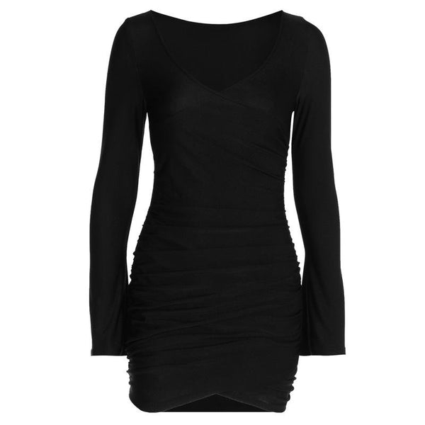 Ruched solid long sleeve v neck mini dress