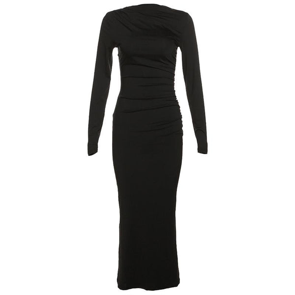 Ruched solid long sleeve zip-up maxi dress