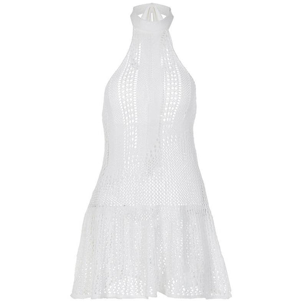 Crochet solid backless sleeveless halter self tie mini dress