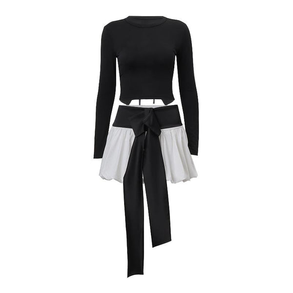 Long sleeve crewneck bowknot lace up ribbon ruched mini skirt set