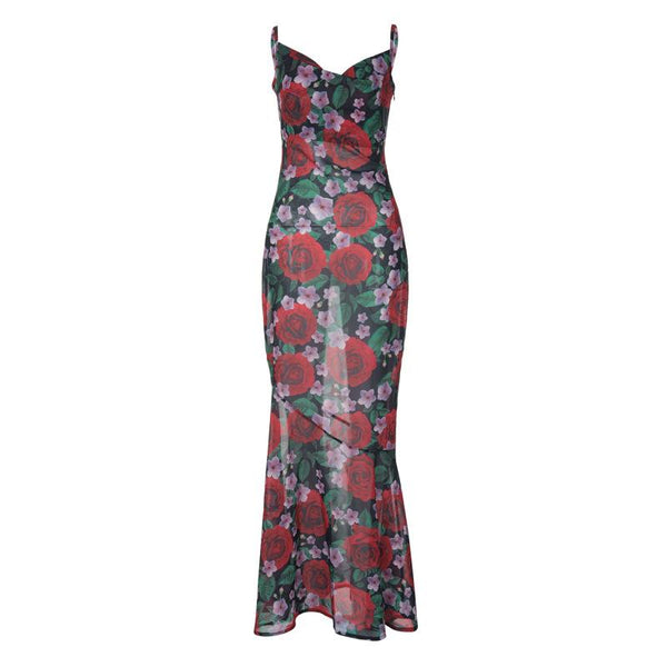 Cowl neck flower print zip-up contrast backless cami maxi dress