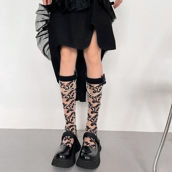 Butterfly applique faux pearl knee high socks