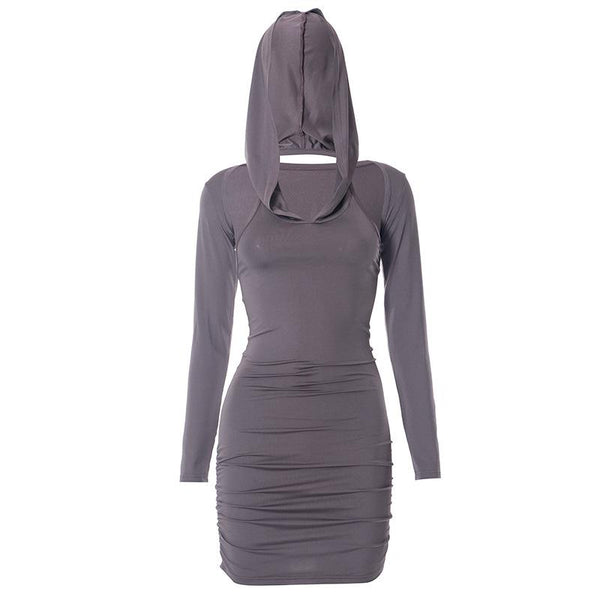 Hoodie ruched shrug long sleeve solid mini dress