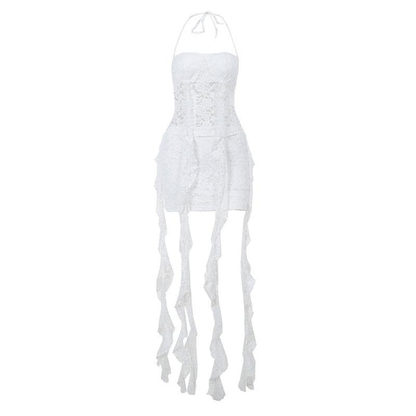 Lace ribbon hollow out solid ruffle halter backless mini dress