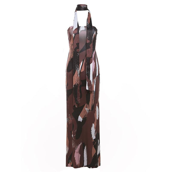 Print ruched backless hollow out tube maxi dress