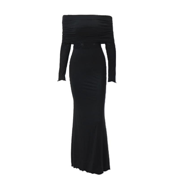 Ruched solid long sleeve off shoulder ruffle maxi dress