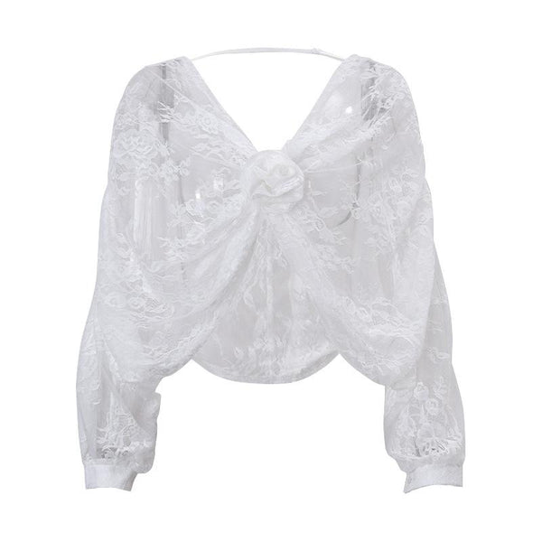 Long puff sleeve lace see through flower applique backless crop top