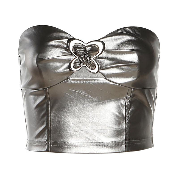 Solid metallic sleeveless zip-up hollow out buckle tube top y2k 90s Revival Techno Fashion