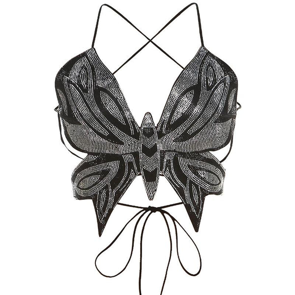 Mariposa con cuentas espalda cruzada contraste v cuello encaje top sin espalda crop top y2k 90s Revival Techno Fashion 