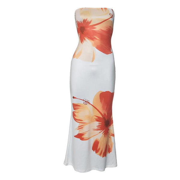 Satin flower print backless contrast tube midi dress